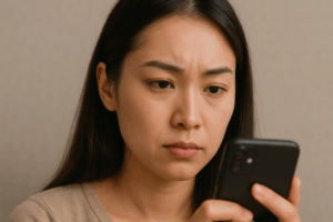 SNSを見つめる女性の顔