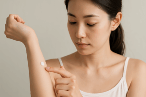 パッチテストを腕にやっている女性