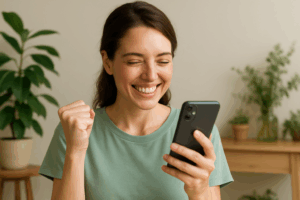 スマートフォンに自分の肌の記録をして楽しんでいる女性