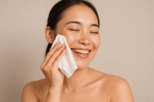 ティッシュで顔を拭きながら嬉しそうな顔の女性