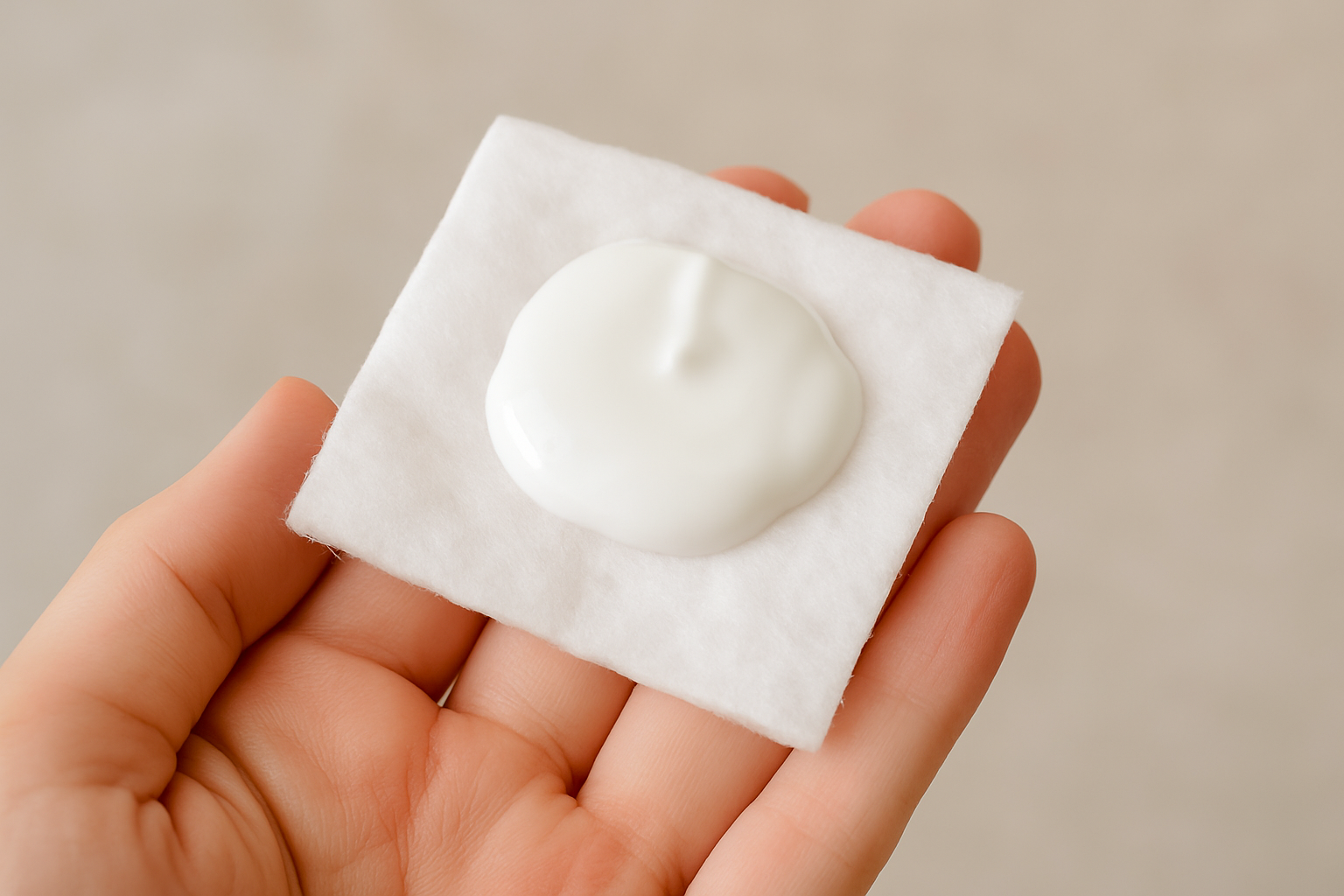 手のひらに乗せたコットンにたっぷりと乳液を含ませた様子