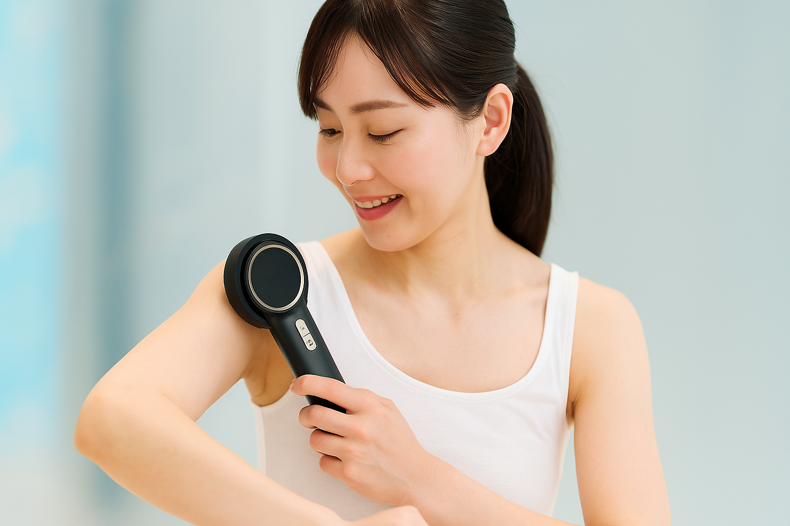 マッサージ機を腕に当てて肌のケアをする
