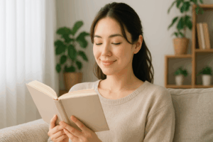 室内で本を読む女性のリラックスシーン