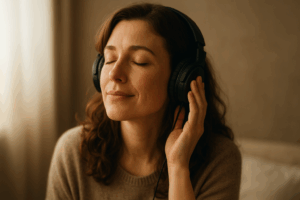 音楽を聴いて懐かしむ女性