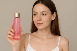 ピンク色の化粧水のボトルを手にもっている女性