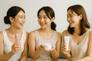 複数名の女性が化粧水やクリームなどを手に持って談笑している