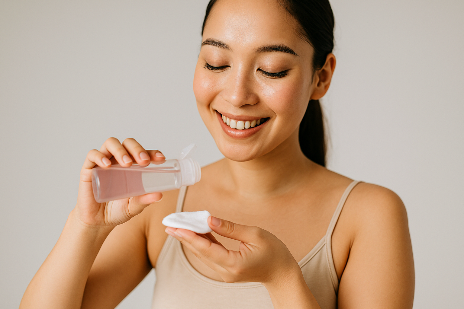 女性がふき取り化粧水をコットンにつけてにこやかにしている