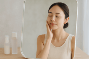 肌のうるおいを手で確認する女性