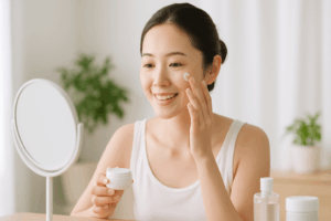 顔にフェイスクリームを付ける女性