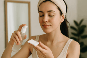コットンにスキンケア用品を付ける女性