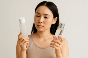 化粧水のボトルを見比べている女性