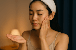 夜にスキンケアをする女性