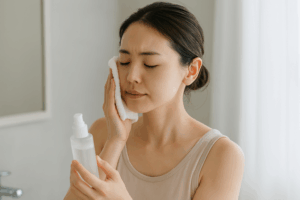忙しそうに化粧水をつける女性