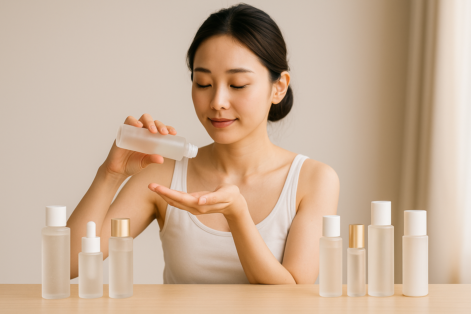 色々なスキンケアを試している女性