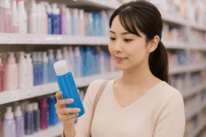 手に化粧水のボトルを商品棚から見ている人