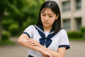 学生が肌を気にして落ち込んでいる