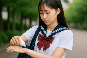 学生が腕に日焼け止めを塗布している
